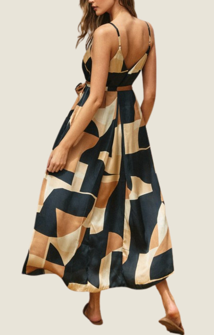 Dress Forum Taupe/Black Geometric Abstract Print Spaghetti Strap Maxi Dress