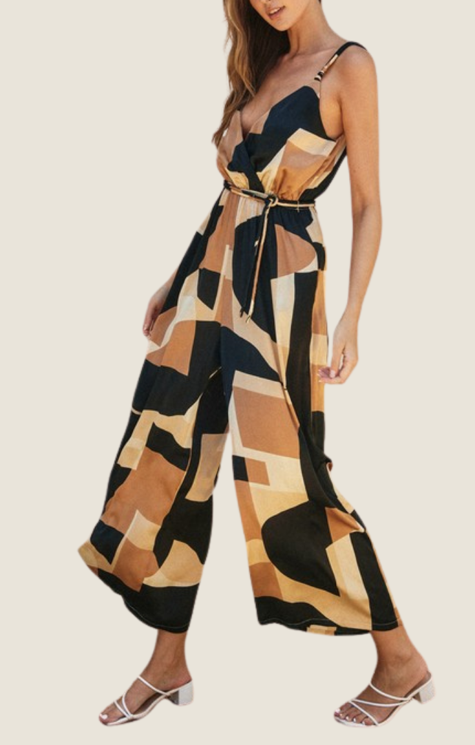 Dress Forum Midnight Taupe Geometric Print Sleeveless Jumpsuit