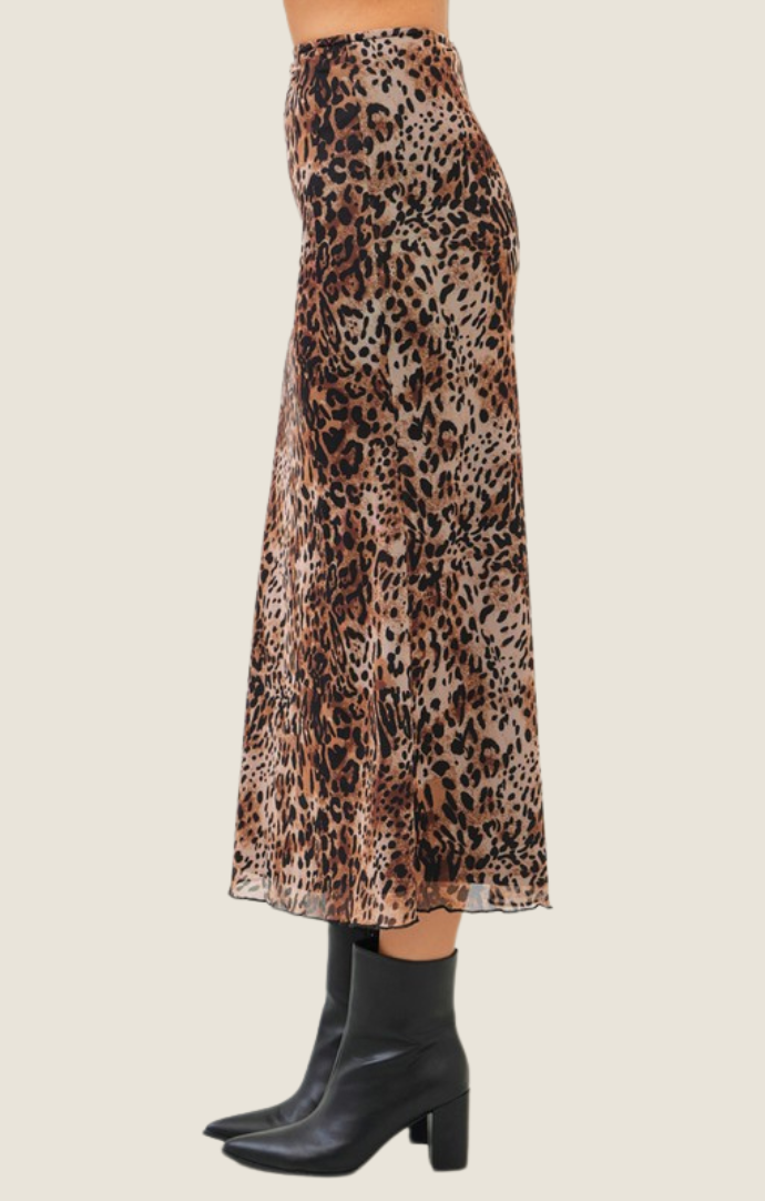 Idem Ditto Leopard Print Elastic Waist Mesh Midi Skirt