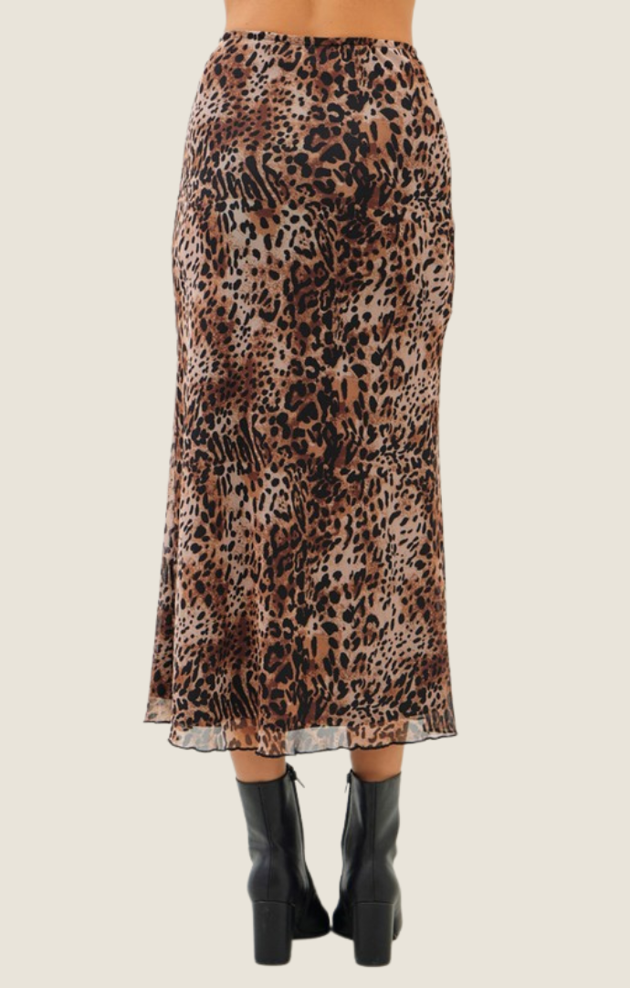 Idem Ditto Leopard Print Elastic Waist Mesh Midi Skirt