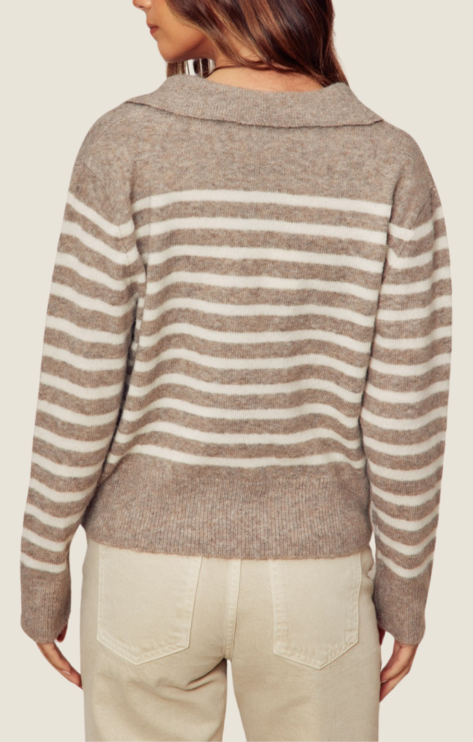 Dress Forum Toffee/Cream Striped V-Neck Collared Sweater