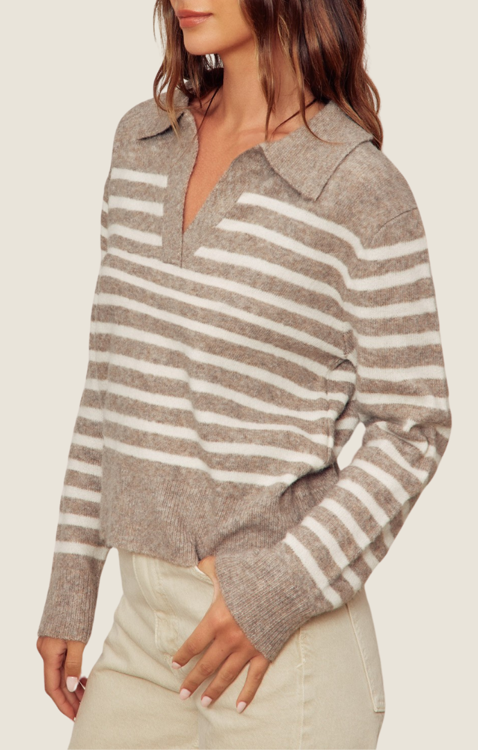 Dress Forum Toffee/Cream Striped V-Neck Collared Sweater