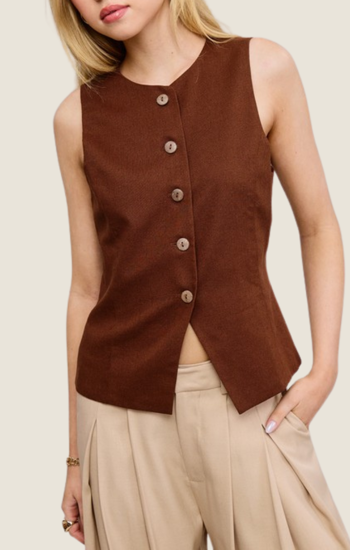 Mimosa wood button front fitted vest