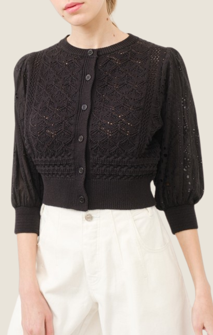 Aaron & Amber Black Embroidered 3/4 Sleeve Button Front Cardigan 