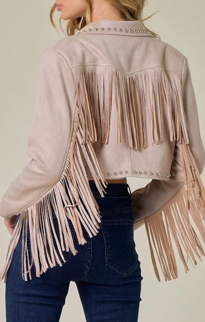 Jacket with outlet fringe trim