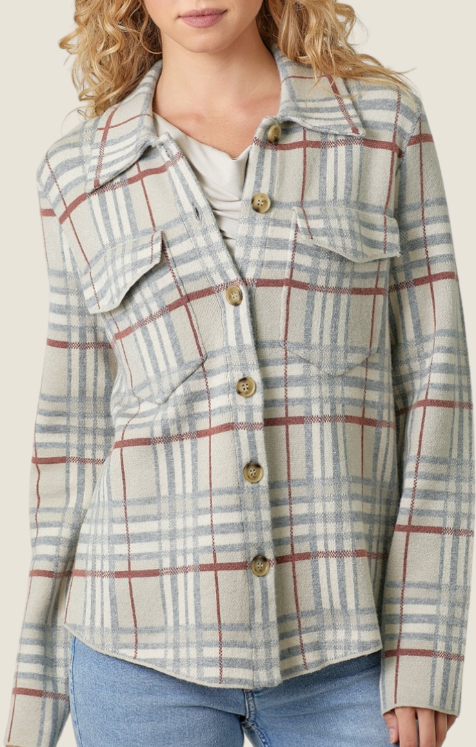 Mystree almond/blue plaid button front shacket 60843-ALMD