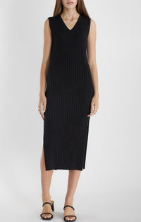 Mod Ref Black Ribbed V-Neck Midi Dress