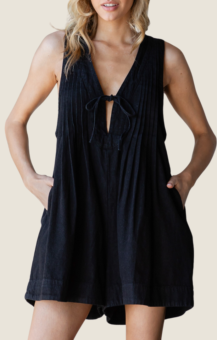 Studio 12.20 black denim pleated v-neck slvls romper VD71971-L1-BLK