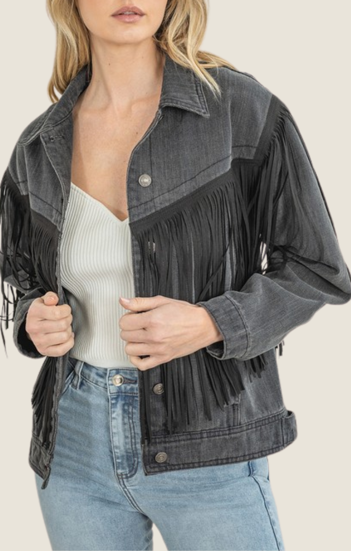 Reverof black denim suede fringe jacket 
RJ10104B