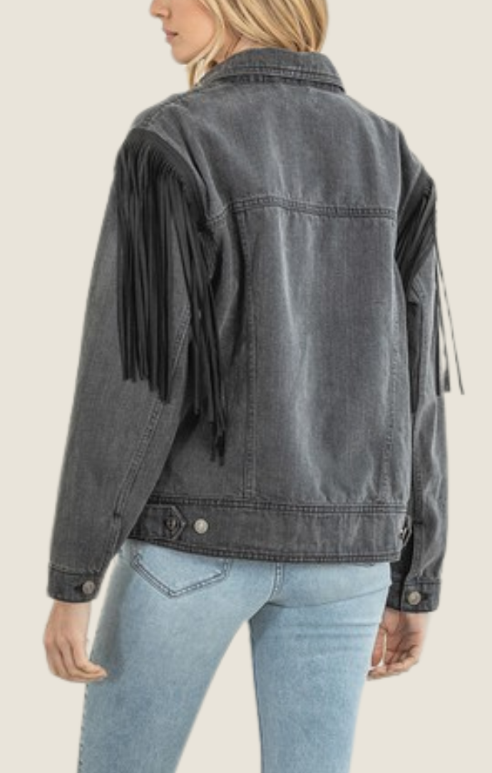 Reverof black denim suede fringe jacket 
RJ10104B