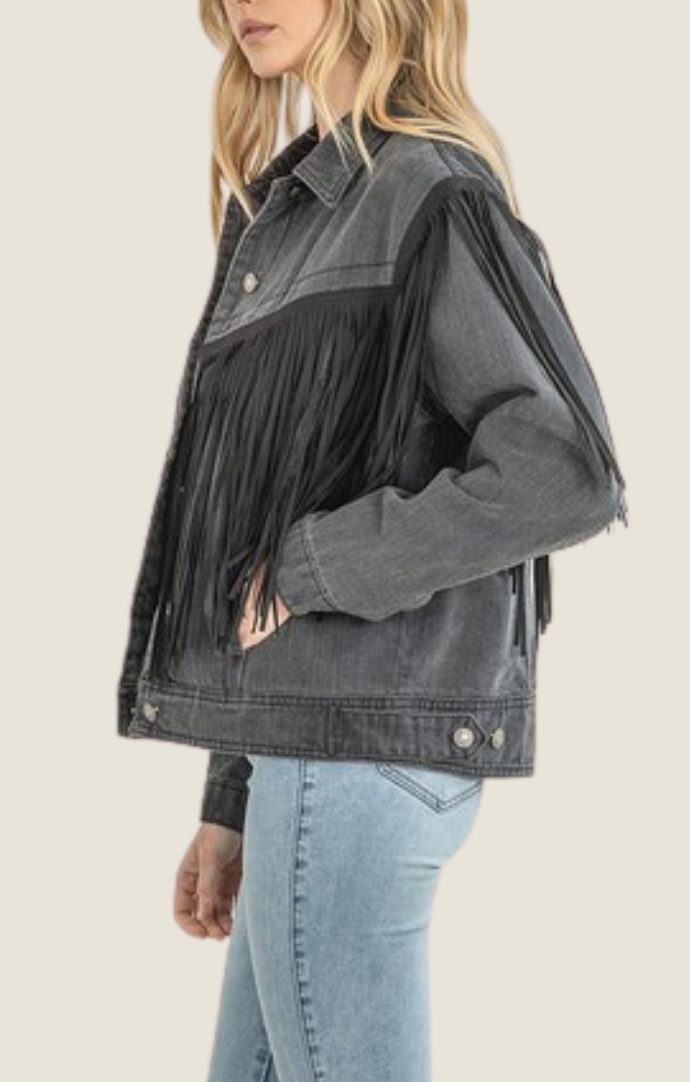 Reverof black denim suede fringe jacket RJ10104B