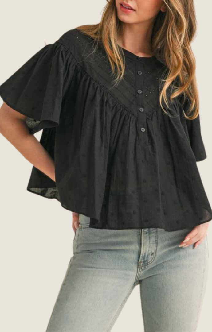 Camellia black flowy embroidered blouse 
CT25253-BLK