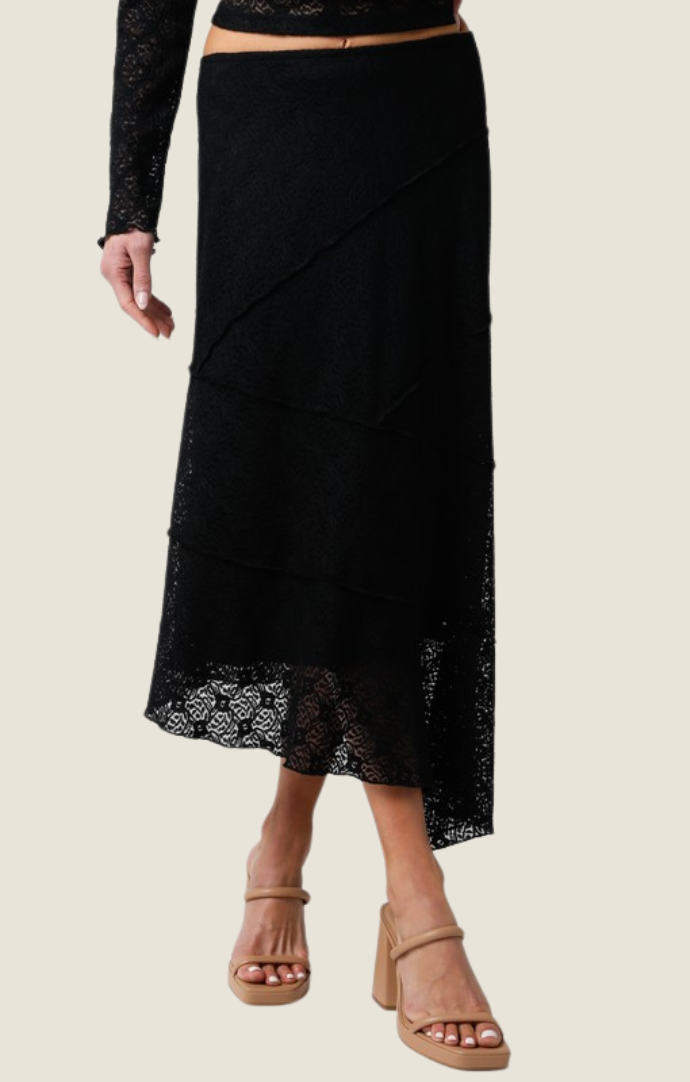 Olivaceous black lace asymmetrical midi skirt 2400-921LSJ