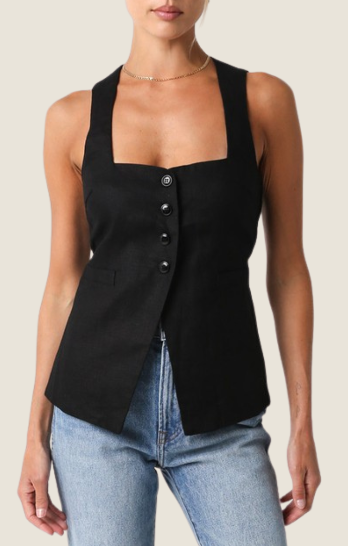 Olivaceous Black Linen Button Front Square Neck Vest