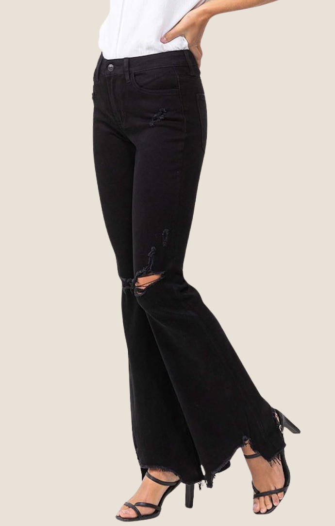 Flying Monkey Jet Black Mid Rise Distressed Flare Jeans F4155BK