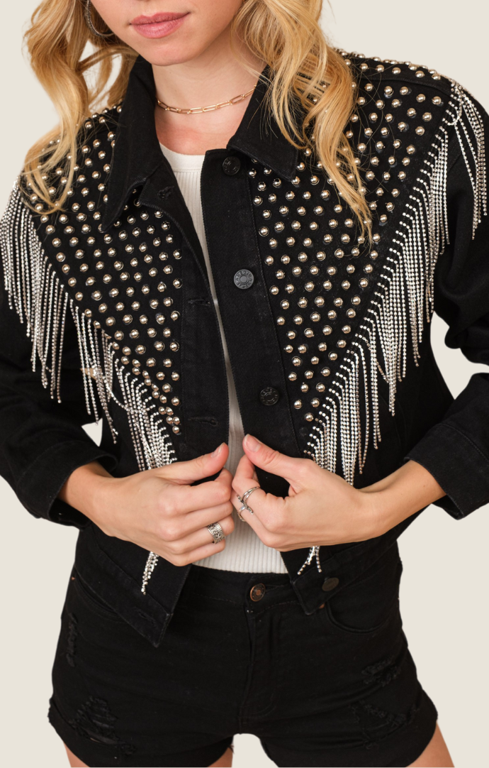 Studio 12.20 black studded chevron fringe denim jacket 22868J-O1-BLK