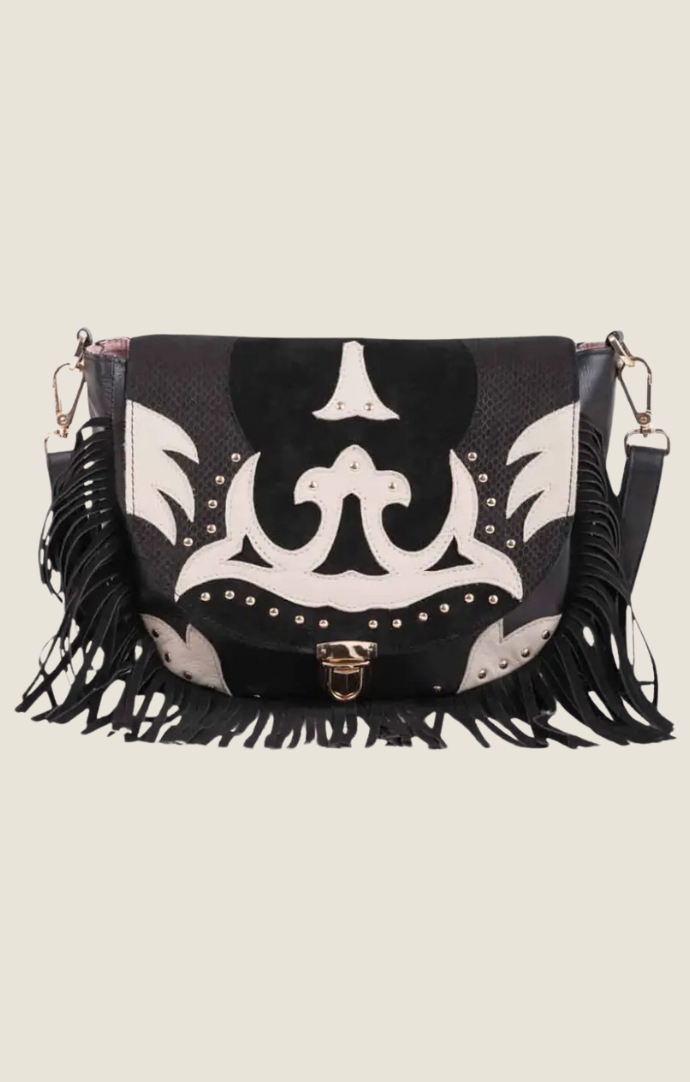 Piti Cuiti Black and White "Soho" Western Fringe Shoulder Crossbody Bag  F028A