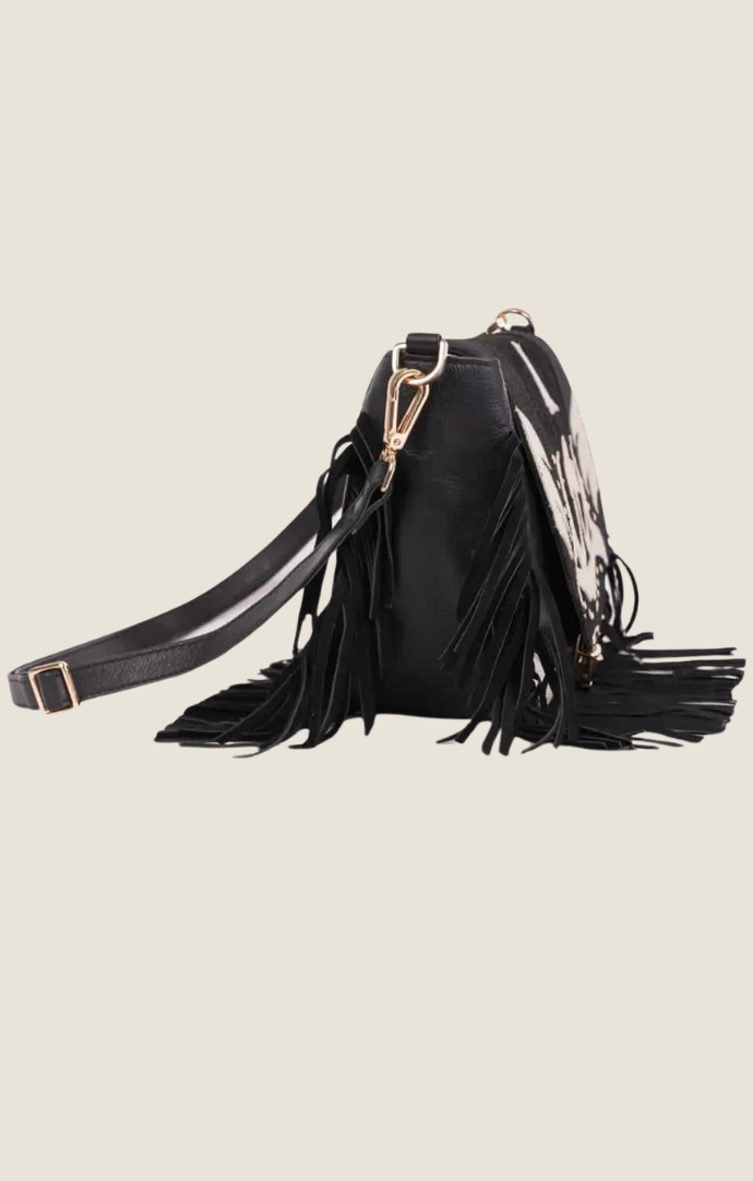 Piti Cuiti Black and White "Soho" Western Fringe Shoulder Crossbody Bag  F028A