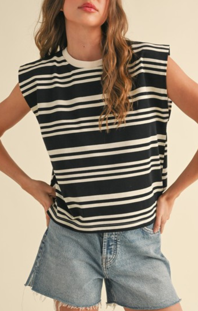 Miou Muse black/white stripe muscle t shirt T4339-BLKWHT