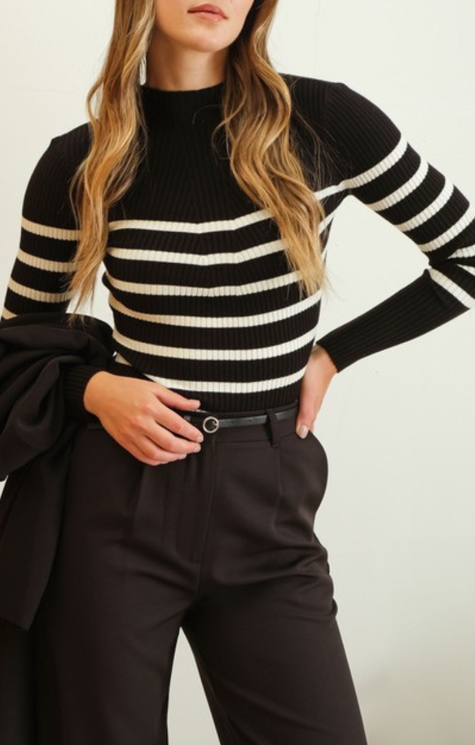 The Workshop black/white striped mock neck knit sweater TW1482-BLK