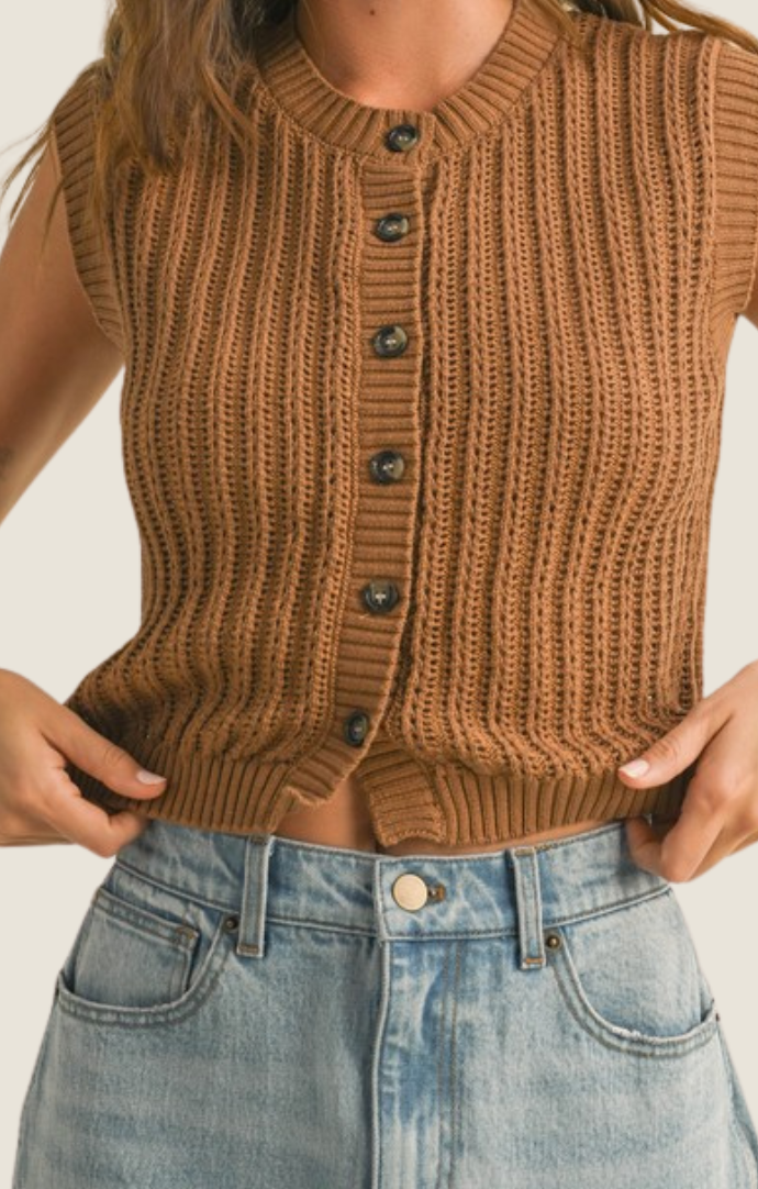 Miou Muse brown button front crochet knit vest T4445-BRN