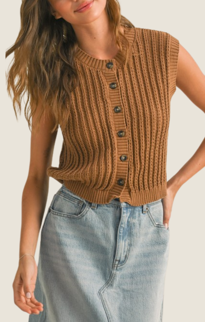 Miou Muse brown button front crochet knit vest T4445-BRN