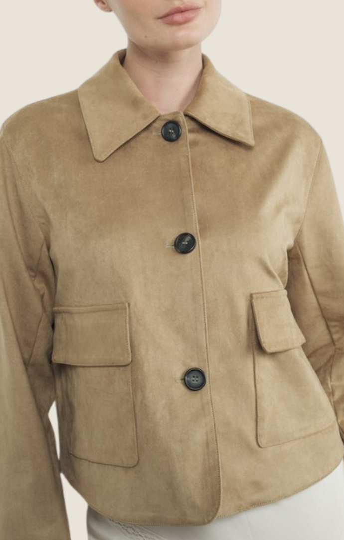 Aaron & Amber camel faux suède button front jacket MAJ3004-CML