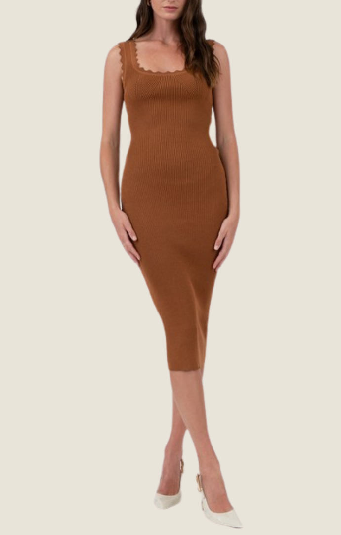 Blu Pepper caramel scolloped trim midi dress TW1607