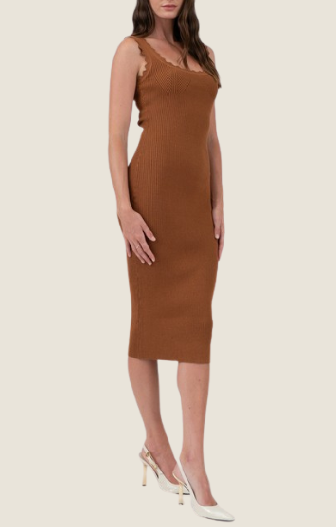 Blu Pepper caramel scolloped trim midi dress TW1607