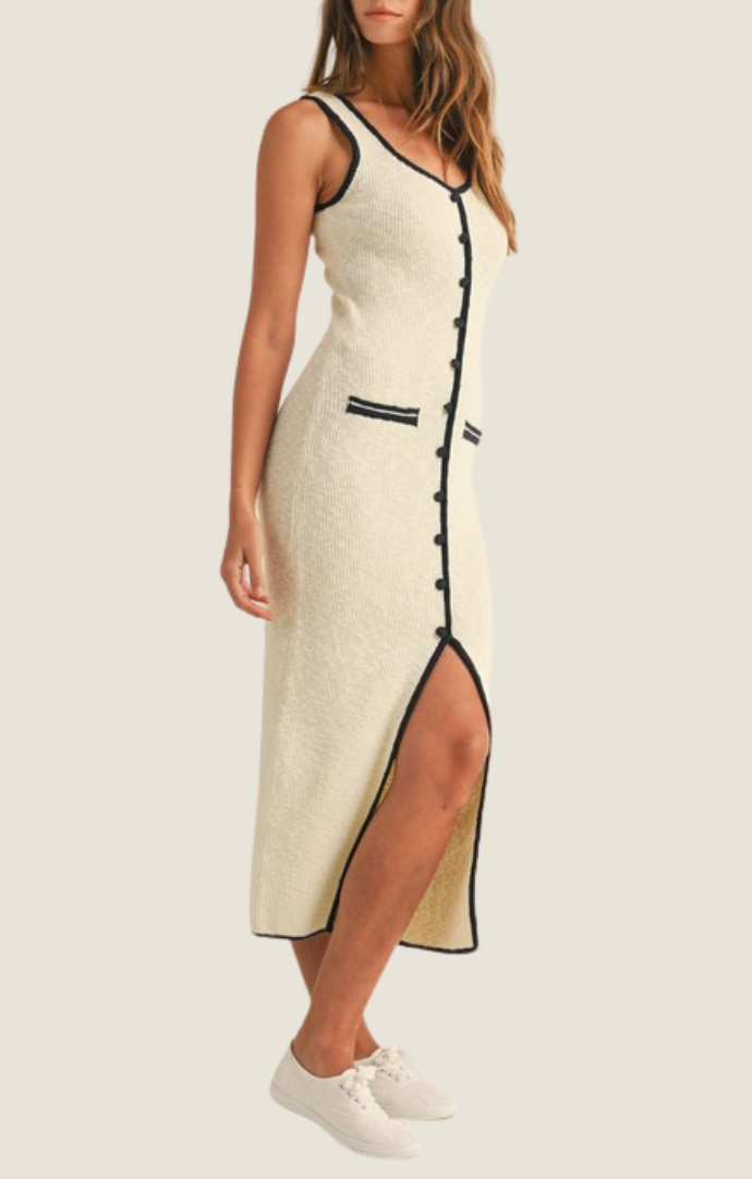 Mable cream contrast binding slvls knit midi dress MD5293-CRM