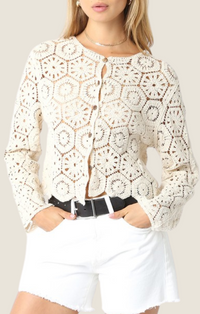 Olivaceous cream crochet button front cardigan 2500-10LT-CRM