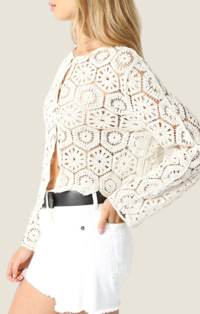 Olivaceous cream crochet button front cardigan 2500-10LT-CRM