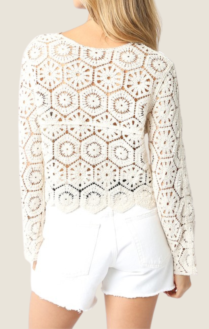 Olivaceous cream crochet button front cardigan 2500-10LT-CRM