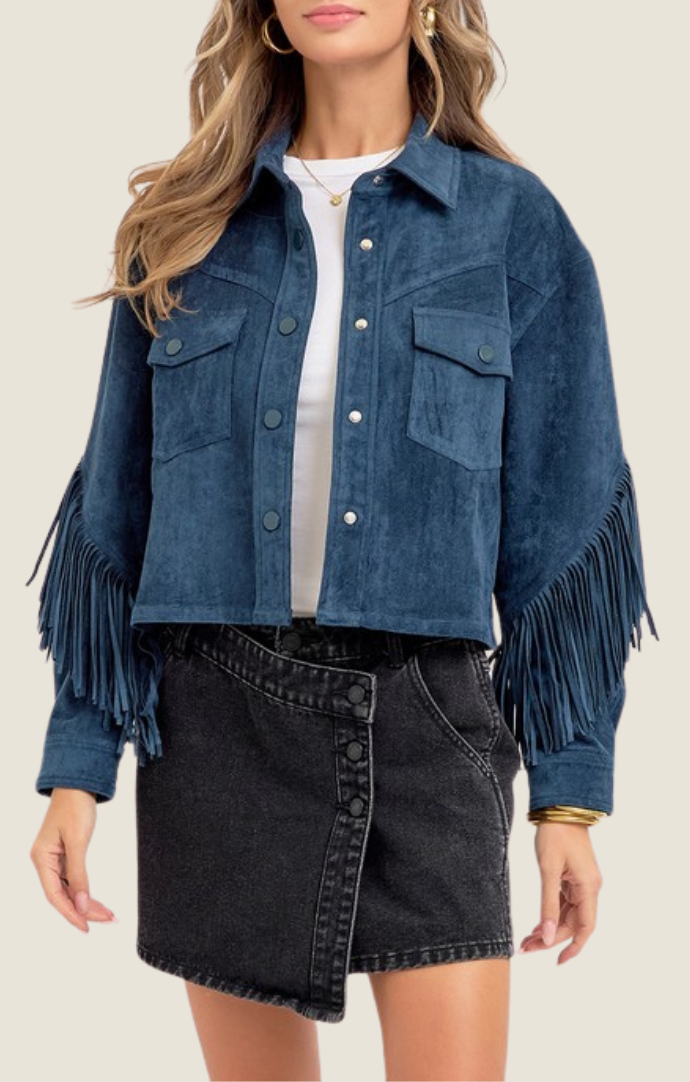 Women's dark teal faux suede western jacket with fringe details, cropped fit, and button front, perfect for rodeo season and western-inspired style