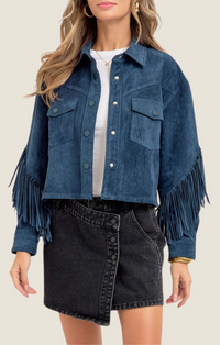 Women's dark teal faux suede western jacket with fringe details, cropped fit, and button front, perfect for rodeo season and western-inspired style