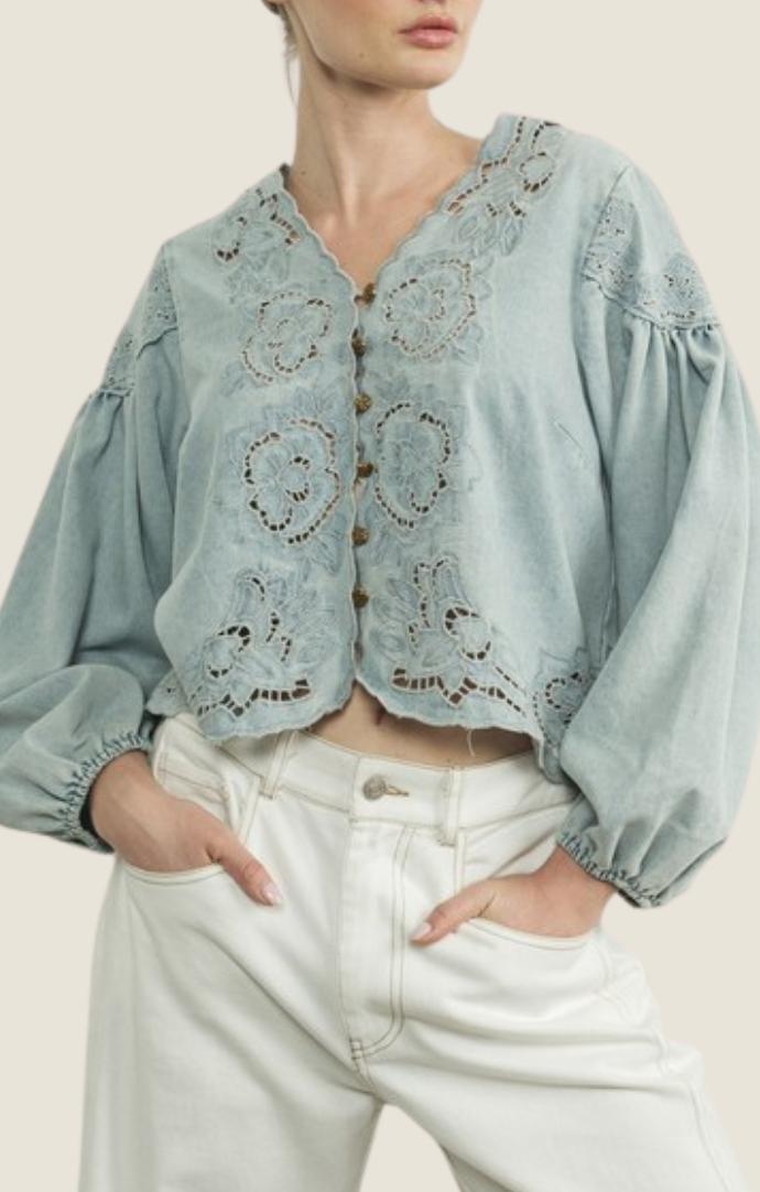 Aaron & Amber denim embroidered puff long sleeve top MAT2892-DNM