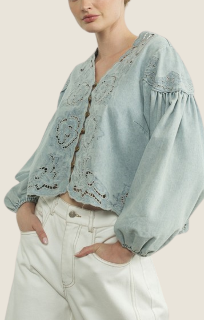 Aaron & Amber denim embroidered puff long sleeve top MAT2892-DNM