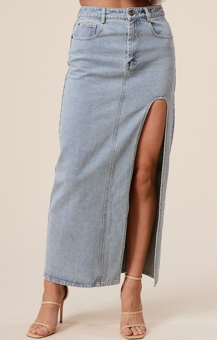 Mimosa Denim High Slit Midi Skirt