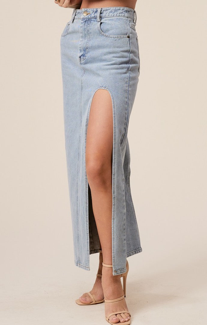 Mimosa Denim High Slit Midi Skirt