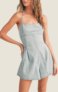 Miou Muse light denim tie back sleeveless romper 