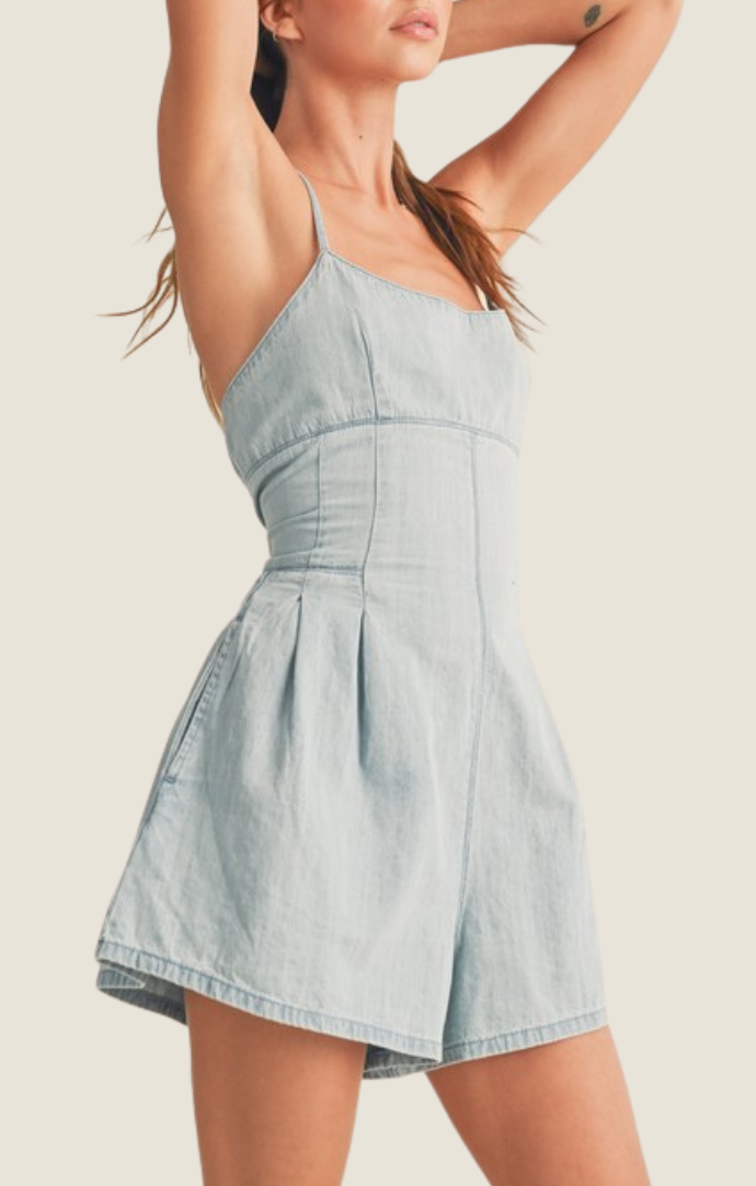 Miou Muse light denim tie back sleeveless romper 