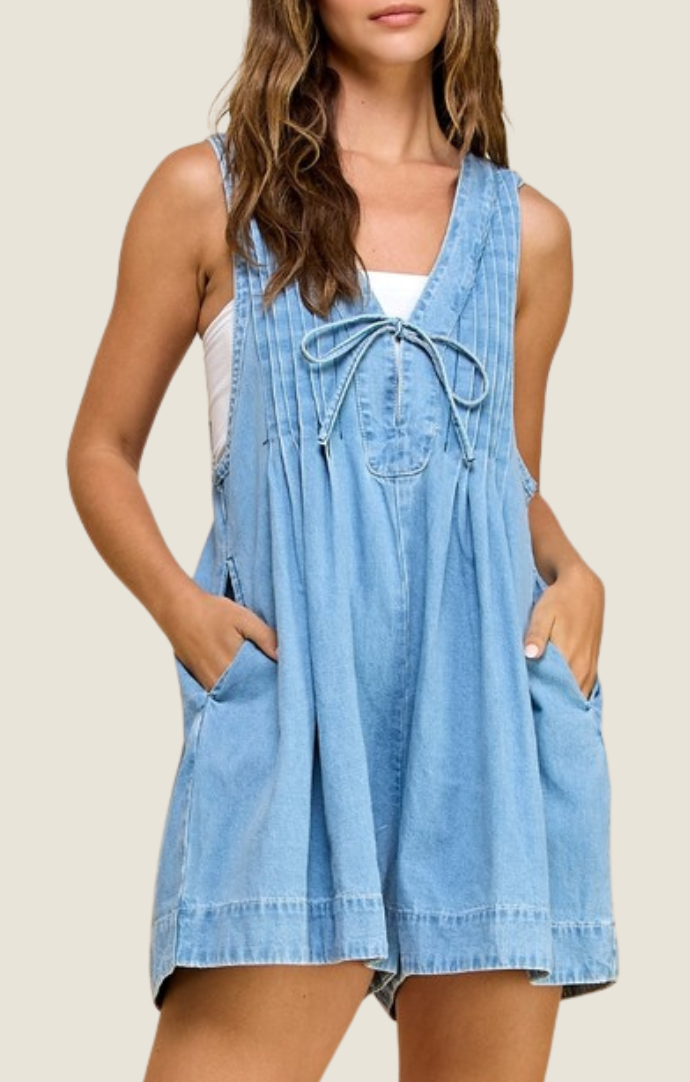 Veveret light wash denim pleated vneck slvls romper VD71971-L1-LGHT