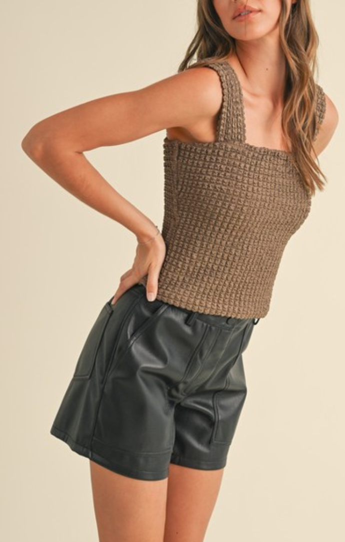 Miou Muse Mocha Textured Fabric Cropped Tank 