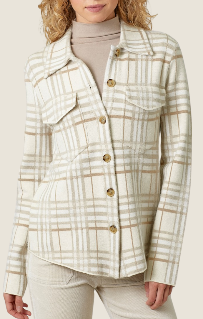 Mystree oatmeal/beige plaid button front shacket 60843-OAT