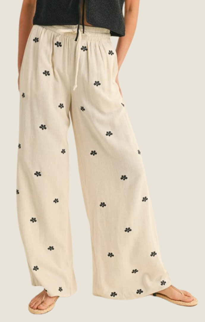 Miou Muse oatmeal embroidered drawstring waist pants P4648-OAT