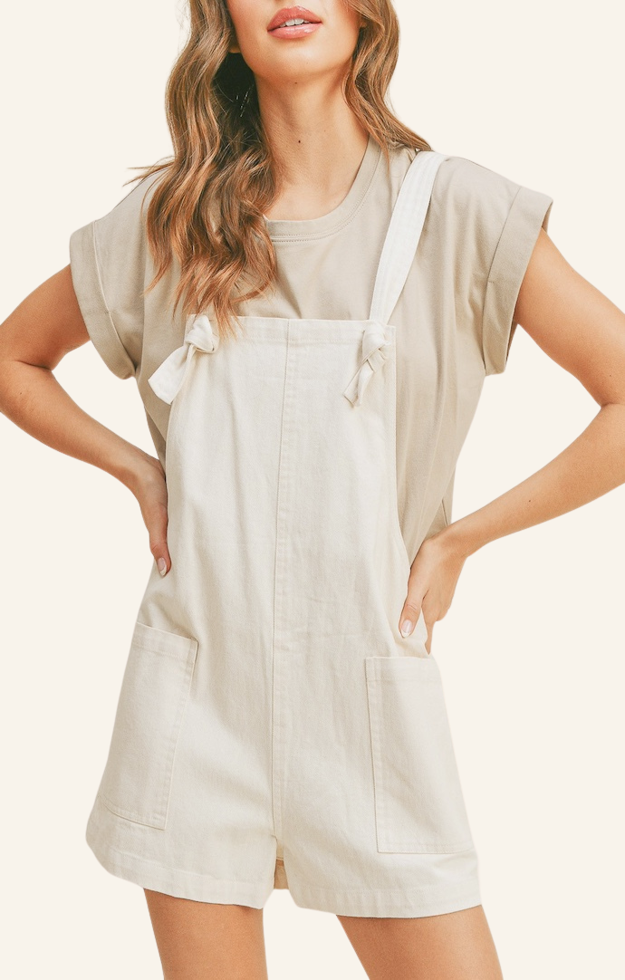 Miou Muse Oatmeal Linen Knotted Strap Overall Romper MMR336