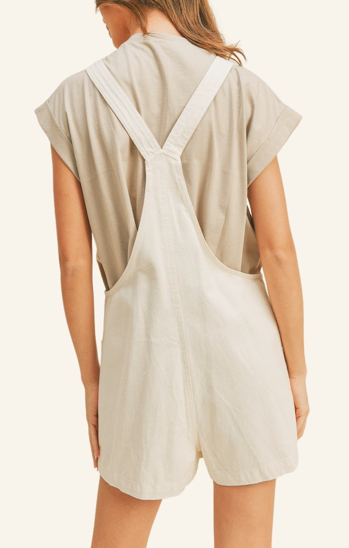 Miou Muse Oatmeal Linen Knotted Strap Overall Romper MMR336