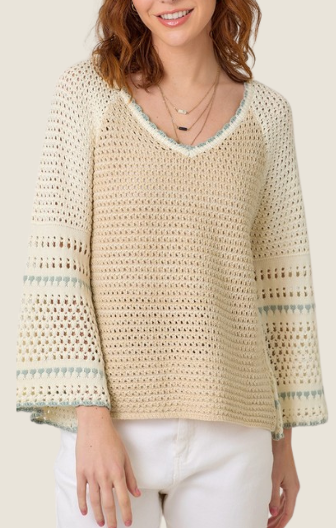 Mystree oatmeal v neck bell sleeve crochet sweater 60999-OAT