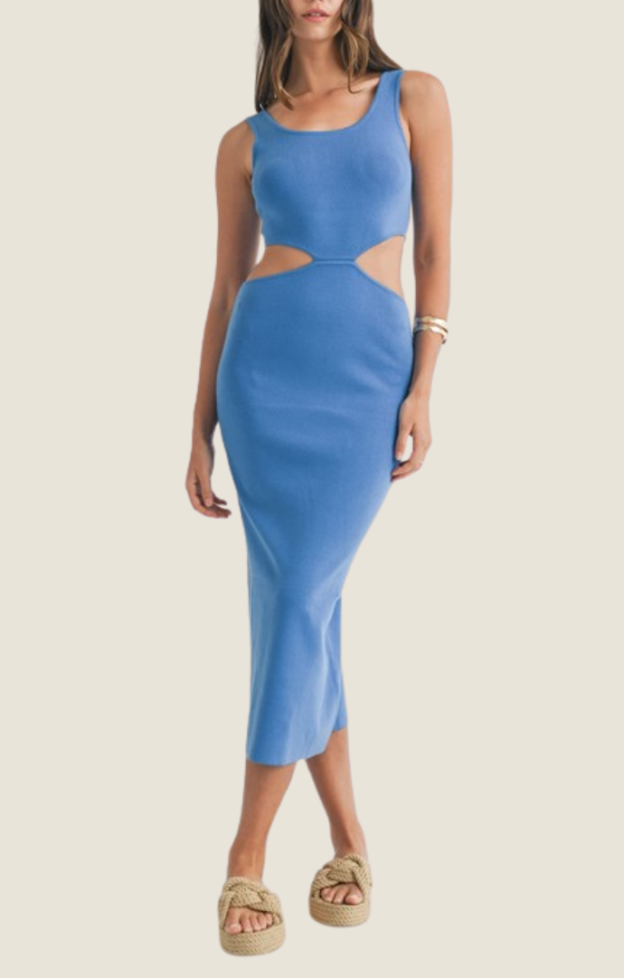 Mable sea blue knit side cutouts midi dress MD3814-BLU