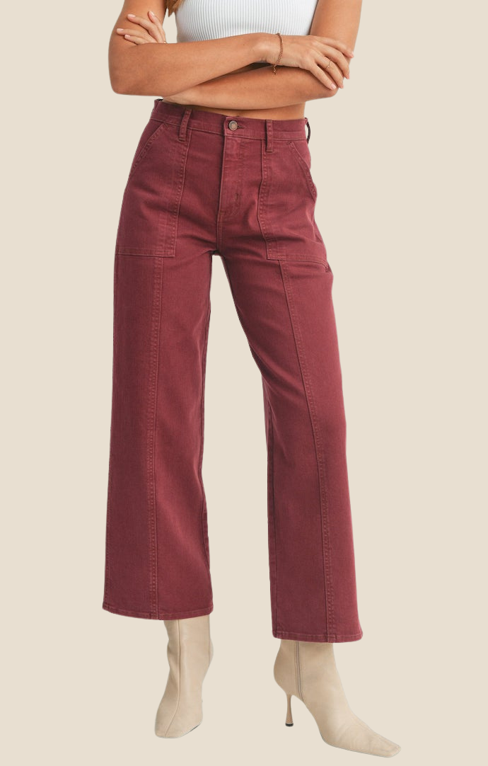 Just Black Denim Spiced Burgundy Wide Leg Utility Jeans